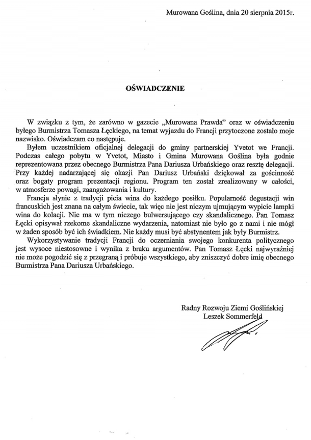 Oświadczenie Radnego Leszka Sommerfelda w.s wyjazdu do Yvetot